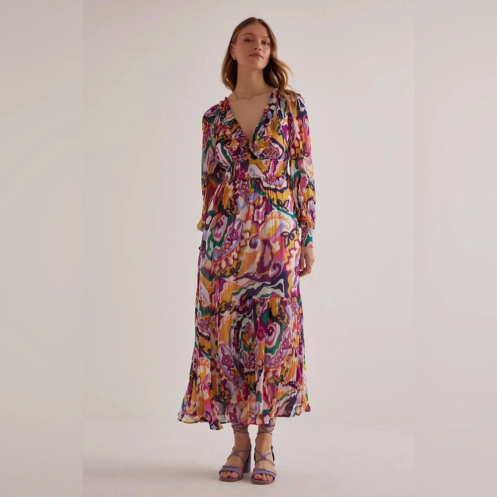 NWT Anthropologie Odetta Ruffled V-Neck Dress Large - Picture 2 of 9